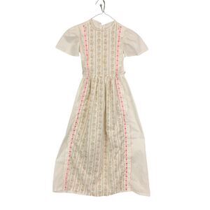Homemade Vintage 70's Girls Swiss Dot White Pink Maxi Dress,‎ Ribbon 26 Chest